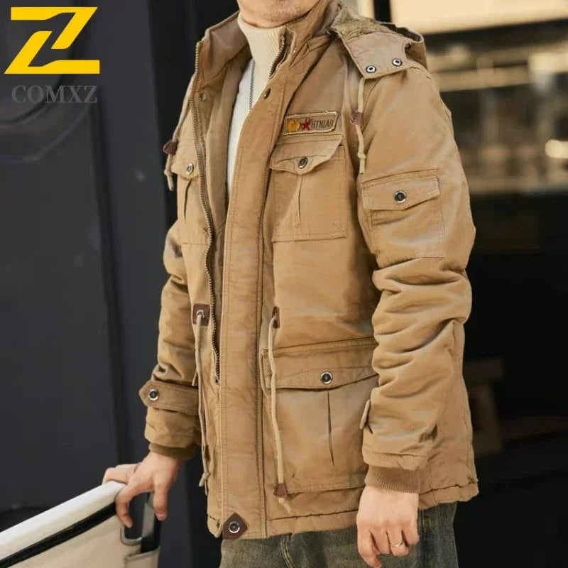 Men’s Autumn-Winter Parka – Thick Wool Lined, Detachable Hood, Outdoor Work & Hunting Coat