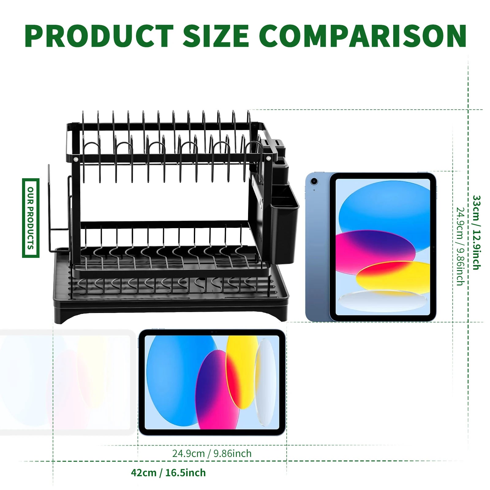 Tier Dish Drying Rack with Utensil Holder & Drip Tray
