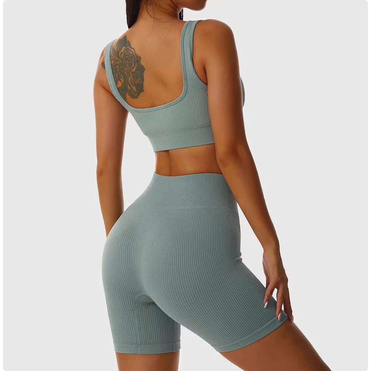 Ribbed Seamless Yoga Set – Crop Top & Shorts for Women