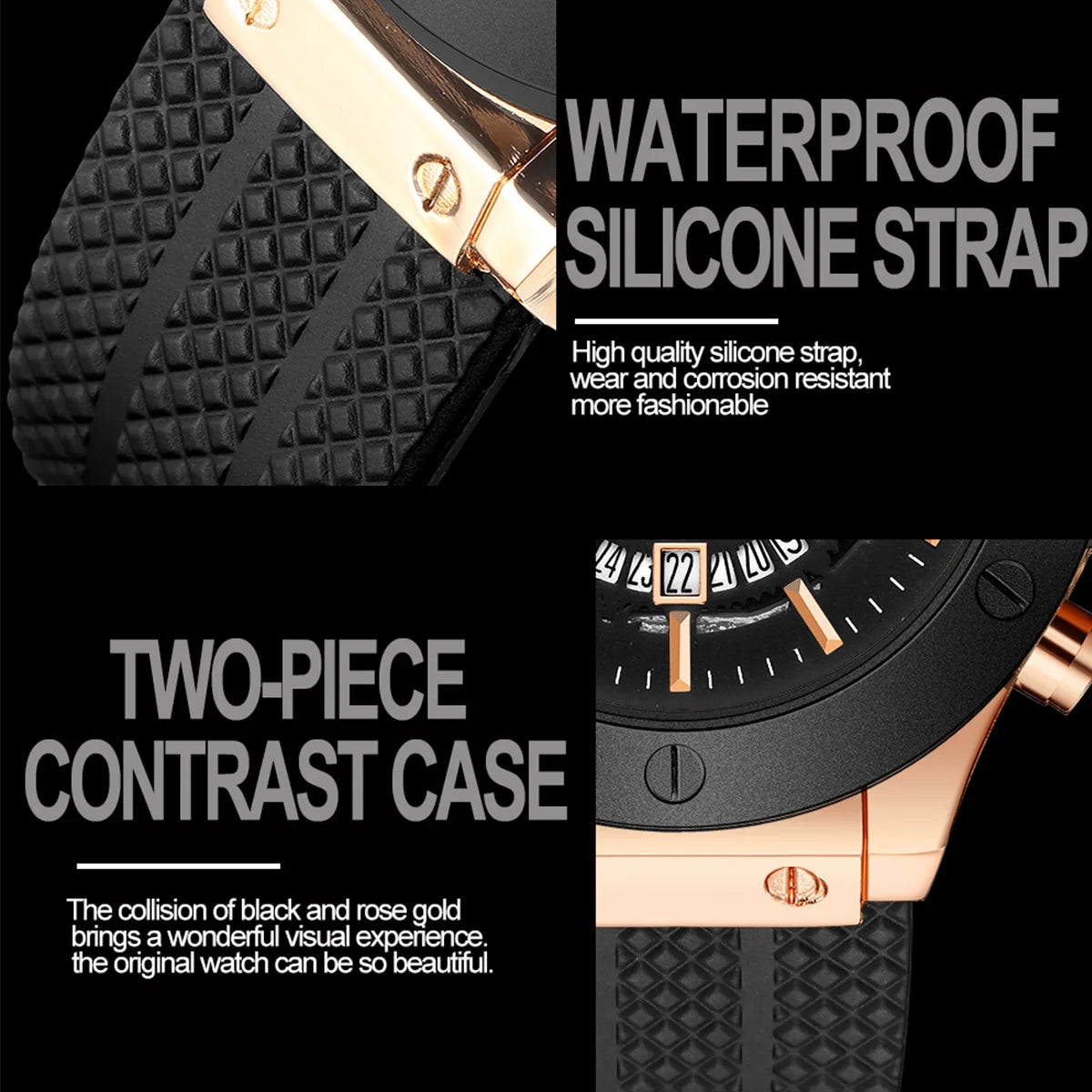 Black Silicone Sports Watch – 46mm Hollow Dial Military Style