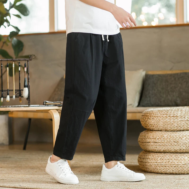 Men’s Linen Cotton Casual Pants – Loose Fit, Solid Color, Breathable