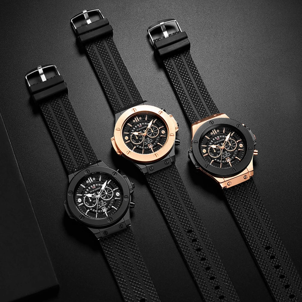 Black Silicone Sports Watch – 46mm Hollow Dial Military Style