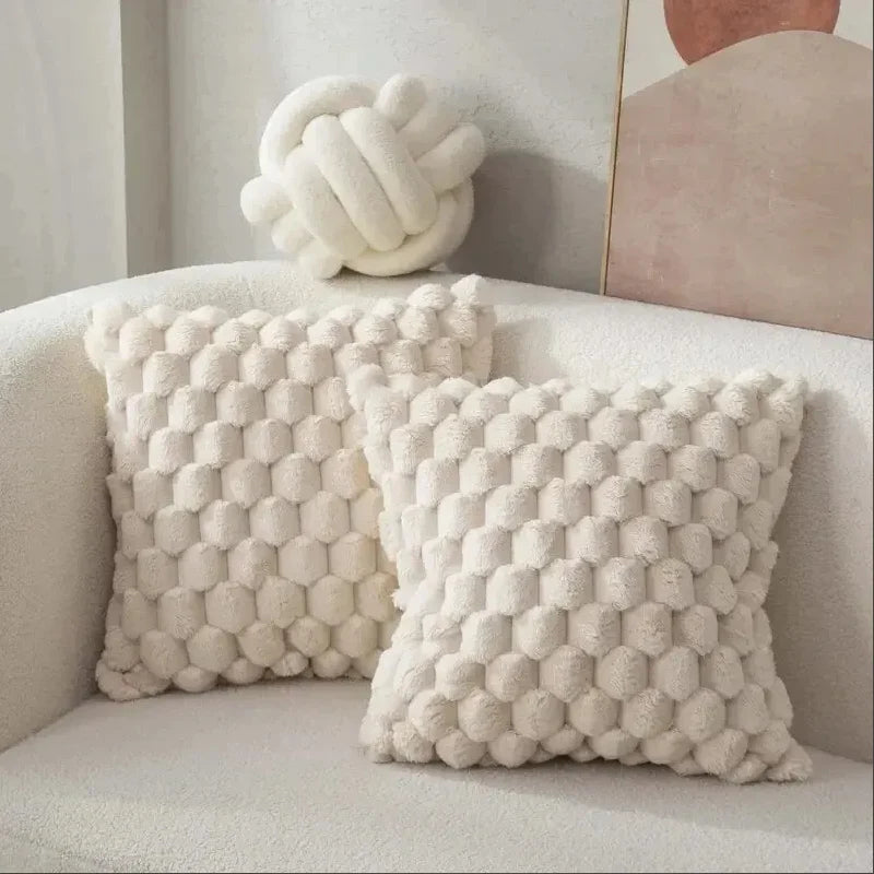 Soft Plush 3D Pillow Cover – Turtle & Pineapple Grid, Cream White 45x45cm