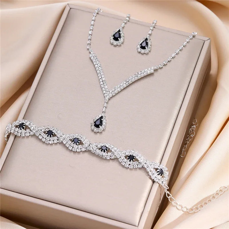 Luxury Bridal Jewelry Set – 3-Piece Crystal Teardrop Earrings, V-Neck Necklace & Eye Bracelet (6625)