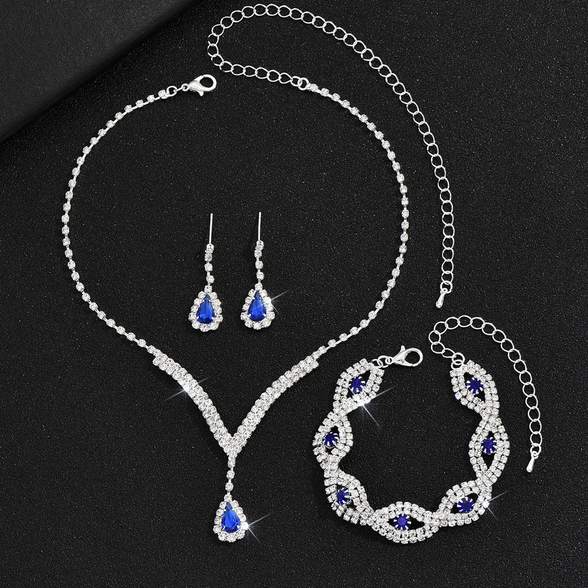 Luxury Bridal Jewelry Set – 3-Piece Crystal Teardrop Earrings, V-Neck Necklace & Eye Bracelet (6625)