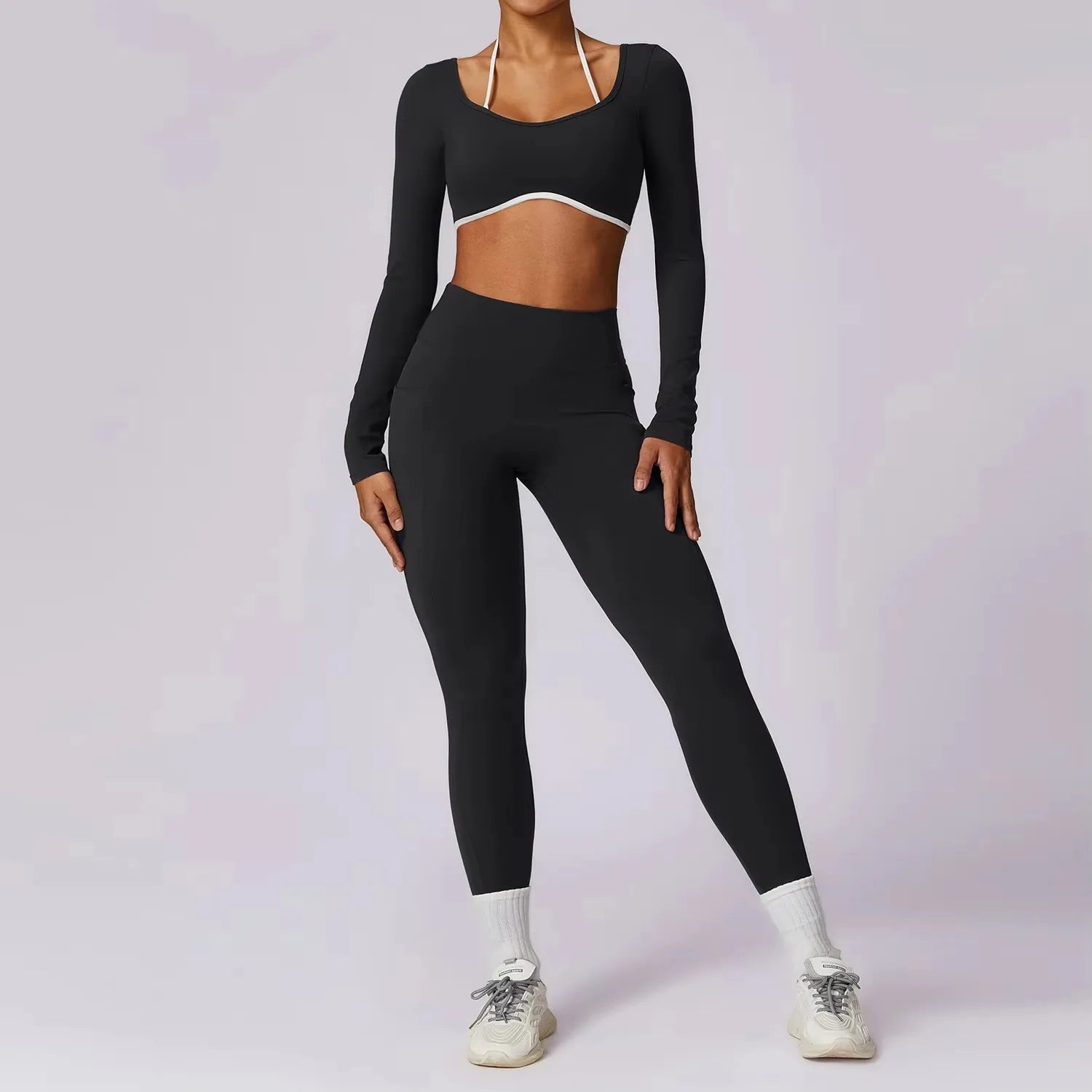 High-Impact Yoga Set – Long Sleeve Top & Leggings for Women
