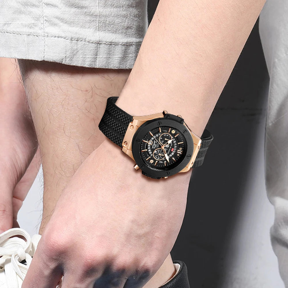 Black Silicone Sports Watch – 46mm Hollow Dial Military Style