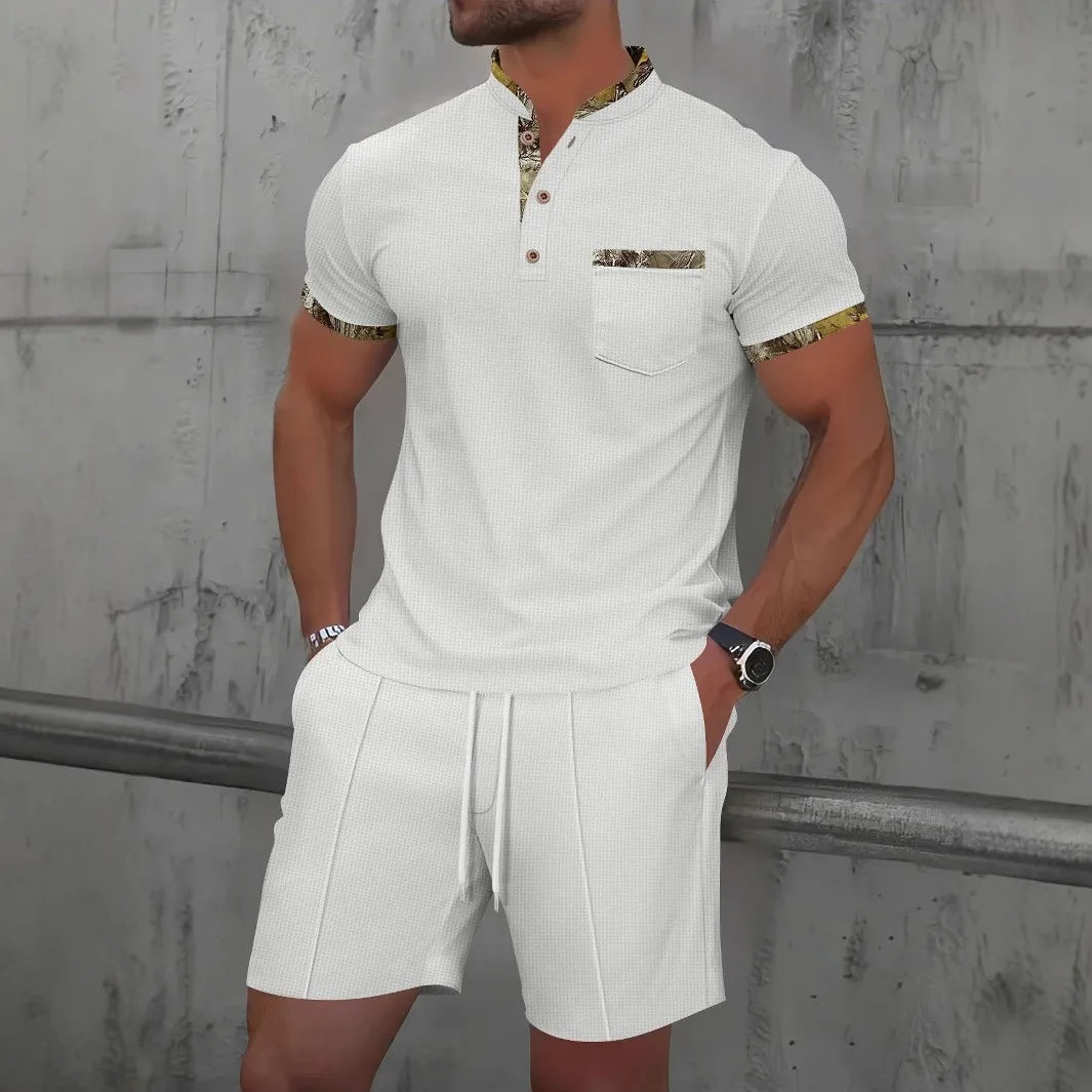Men's Summer Waffle Solid Color Two-Piece Set – Short Sleeve Jacket & Shorts