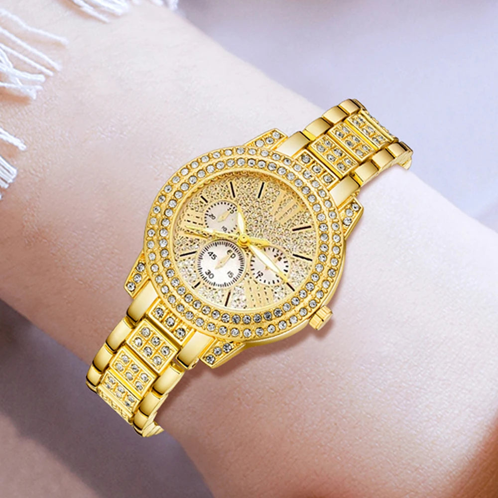 Women’s Fashion Quartz Watch & Jewelry Set – Gold Ring, Necklace, Earrings with Faux Diamonds