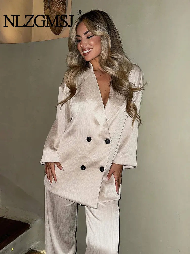 Women's Casual Jacket & Wide-Leg Pants Set – Office Outfit