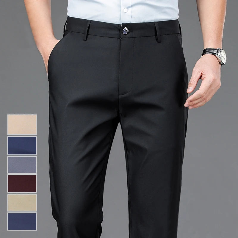 Men's Black Elastic Dress Pants – Straight Fit, Smart-Casual Office Trousers, Quick-Dry
