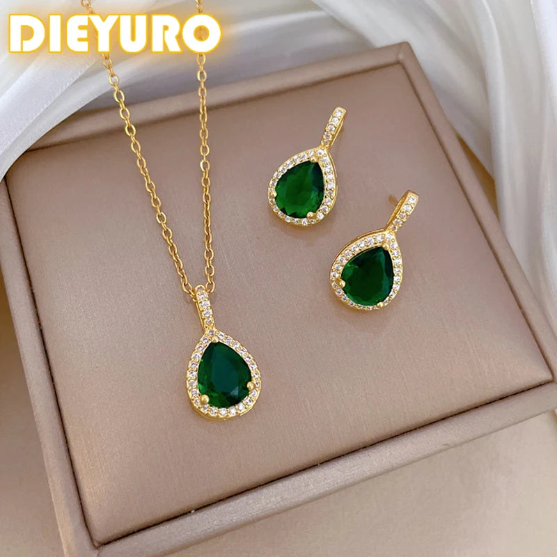 DIEYURO Jewelry Set – Stainless Steel Green Teardrop Zircon Necklace & Earrings