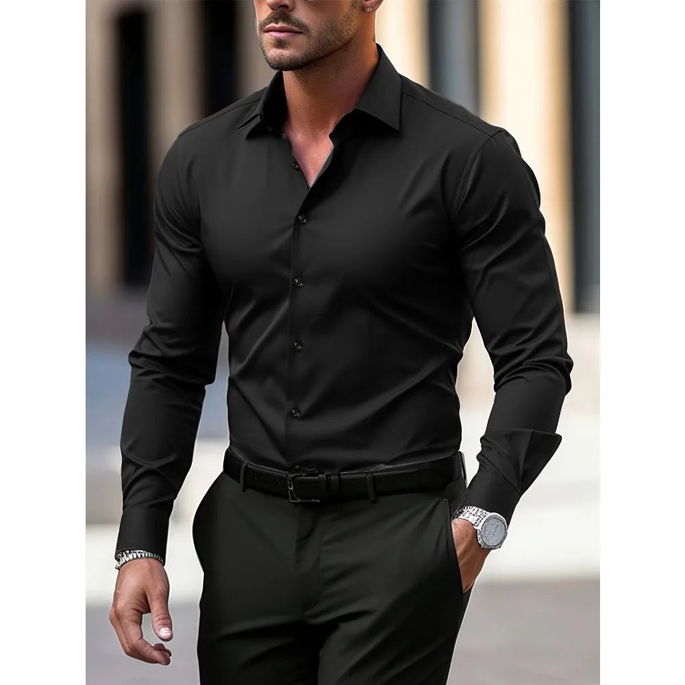 FGKKS Men's White Casual Stretch Shirt – Long Sleeve, Solid Color