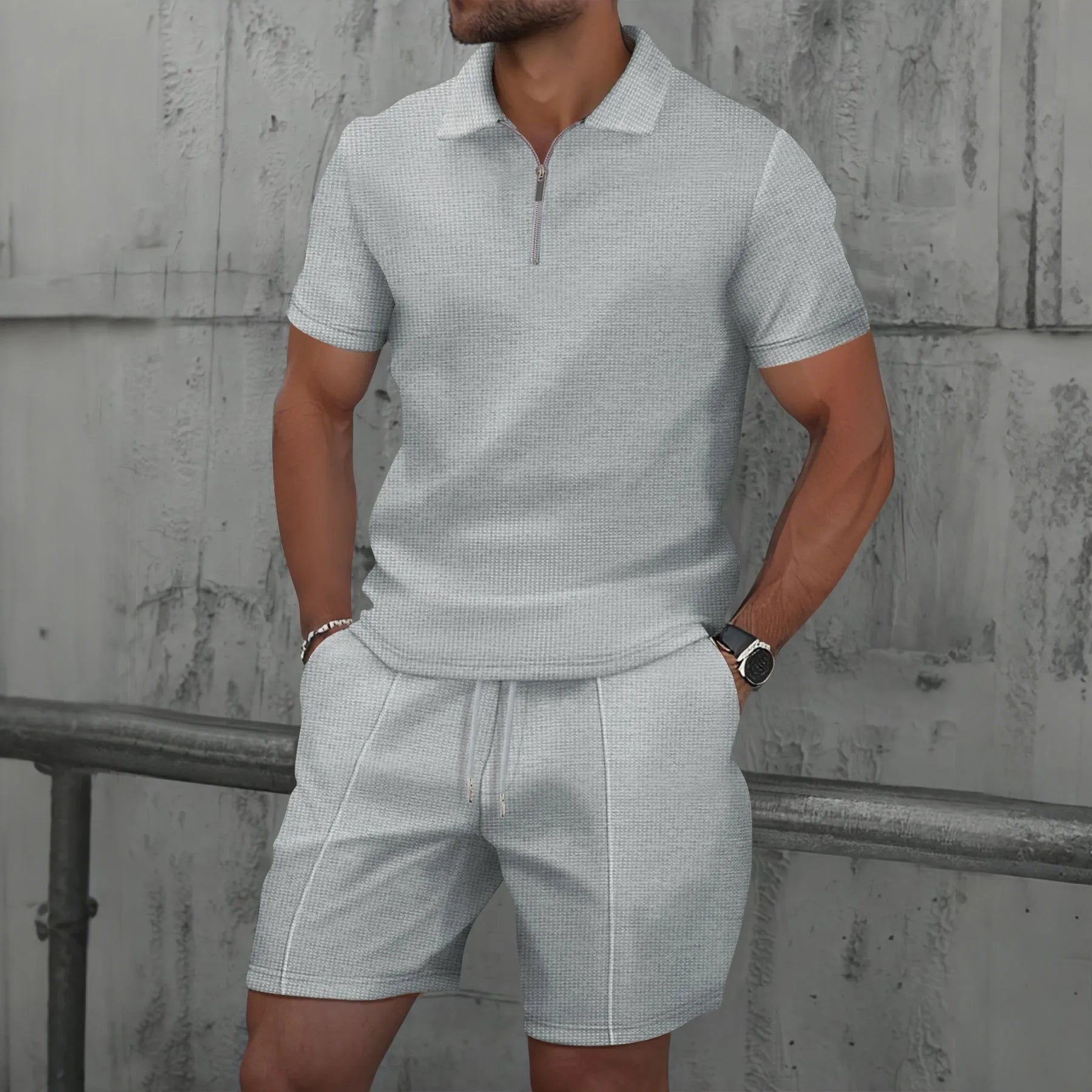 Men's Summer Waffle Solid Color Two-Piece Set – Short Sleeve Jacket & Shorts