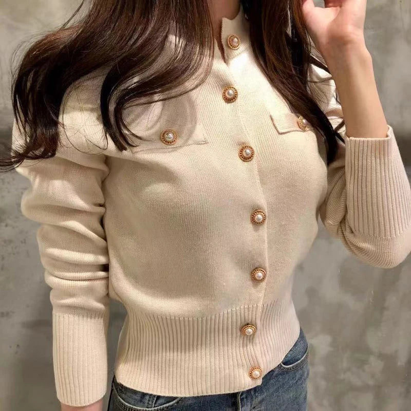 Women’s Long Sleeve Cardigan – Knitted Sweater, Single Button, Korean Style, Autumn/Winter 2025