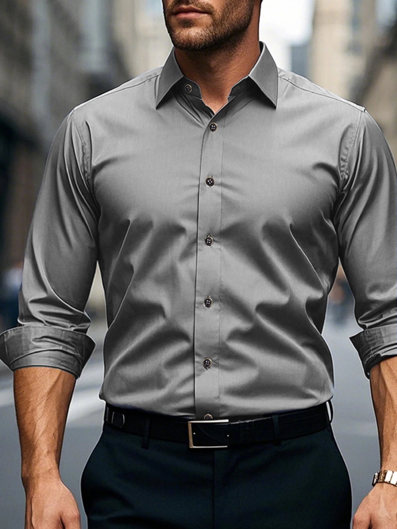 FGKKS Men's White Casual Stretch Shirt – Long Sleeve, Solid Color