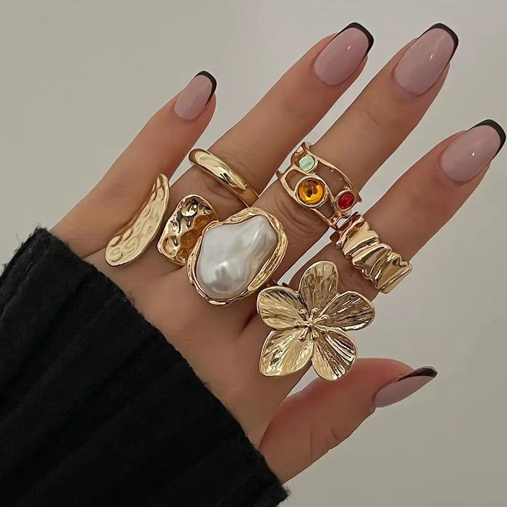 Ingemark 2025 Irregular Flower Open Ring Set – Elegant Baroque Faux Pearl Jewelry