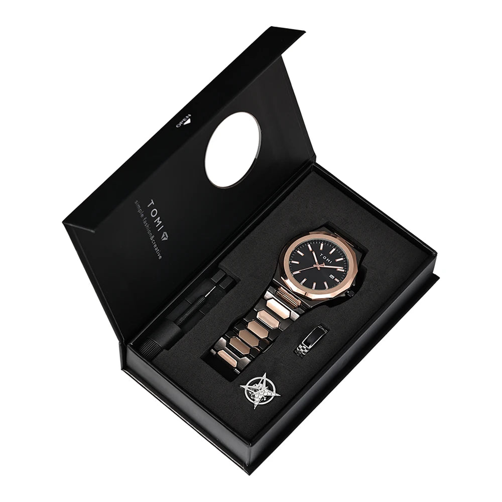 TOMI Luxury Men’s Quartz Watch – Business Style with Gift Box Set (Rose Gold Case)