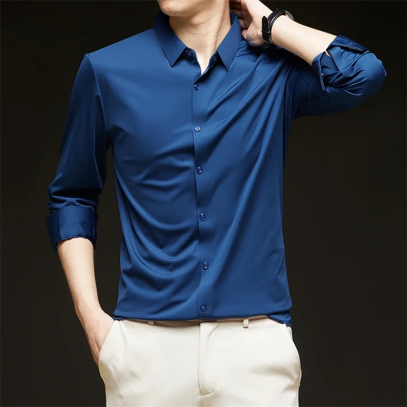 Men's Solid Color Long Sleeve Business Casual Shirt – Wrinkle-Resistant, Comfortable