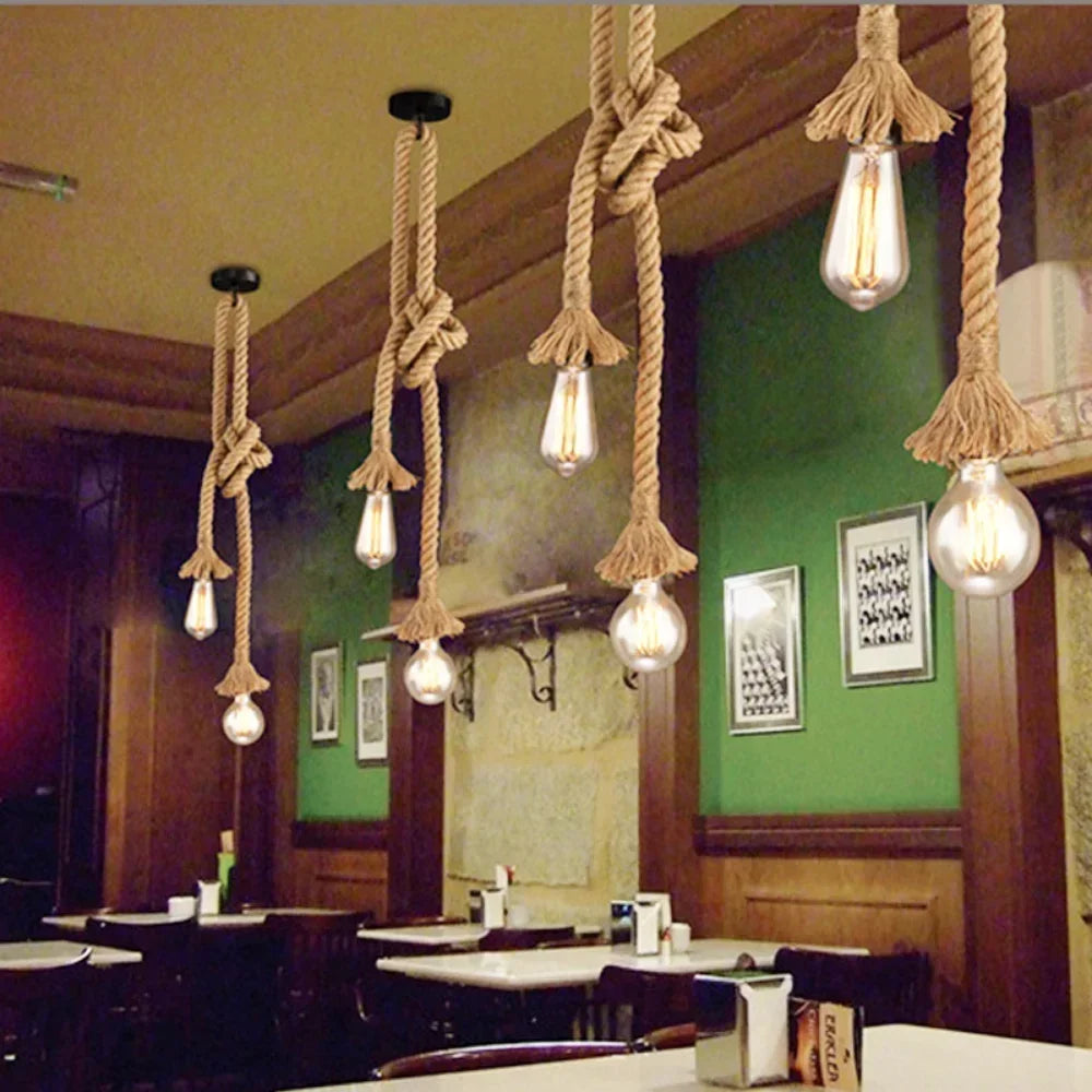 Vintage Hemp Rope Pendant Light – Industrial Loft Hanging Lamp