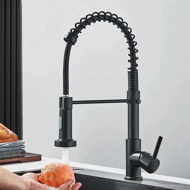 Matte Black & Chrome Pull-Down Kitchen Faucet – Dual-Mode Mixer