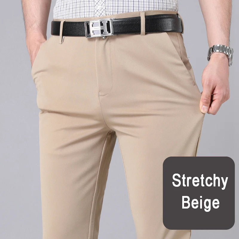 Men's Black Elastic Dress Pants – Straight Fit, Smart-Casual Office Trousers, Quick-Dry