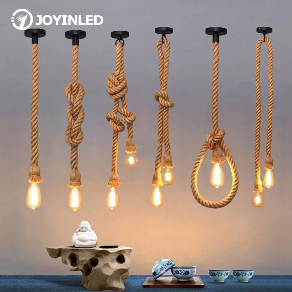 Vintage Hemp Rope Pendant Light – Industrial Loft Hanging Lamp