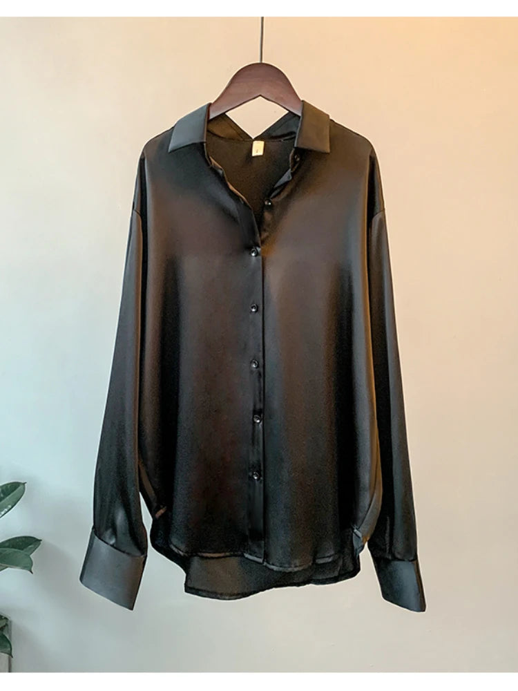 Women’s Satin Office Blouse – Long Sleeve, Korean Luxury Style