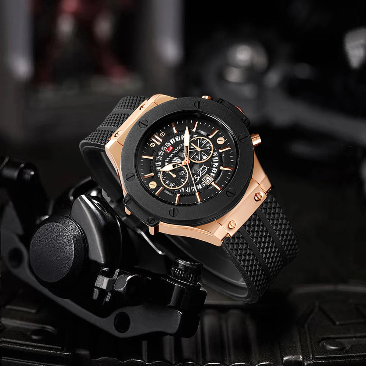Black Silicone Sports Watch – 46mm Hollow Dial Military Style