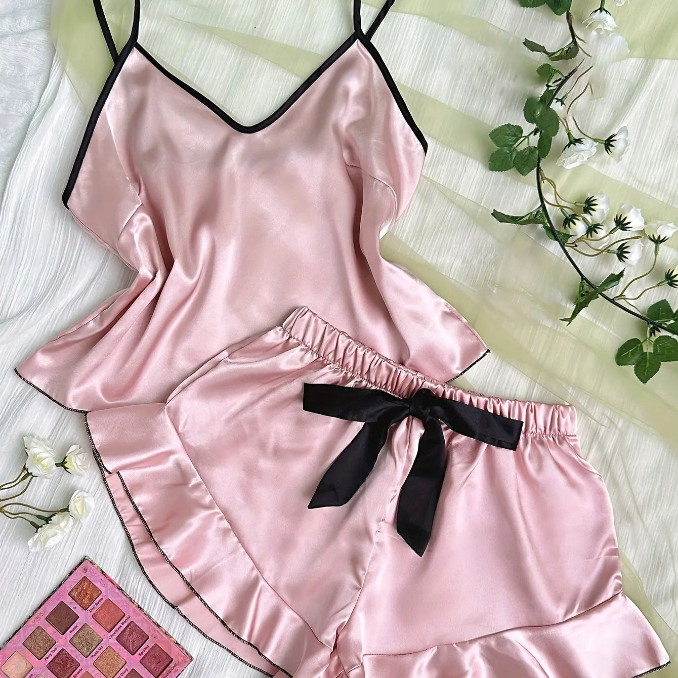 Women’s Satin Pajama Set – V-Neck Top with Ruffles & Bow Shorts