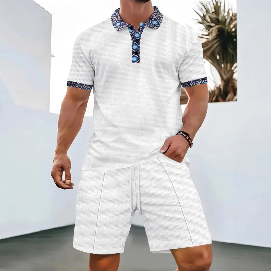 Men's Summer Waffle Solid Color Two-Piece Set – Short Sleeve Jacket & Shorts