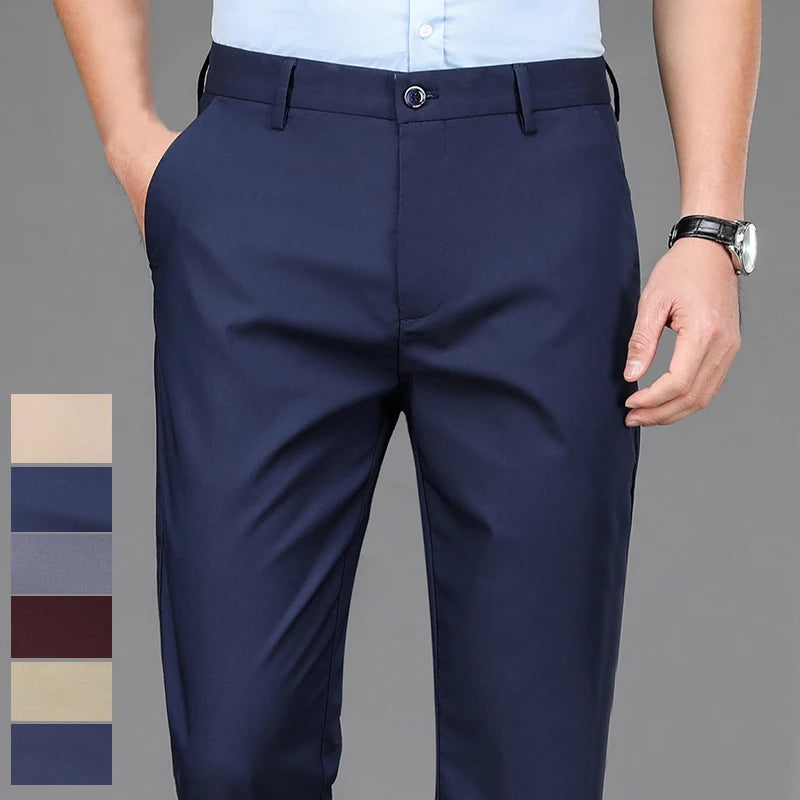 Men's Black Elastic Dress Pants – Straight Fit, Smart-Casual Office Trousers, Quick-Dry