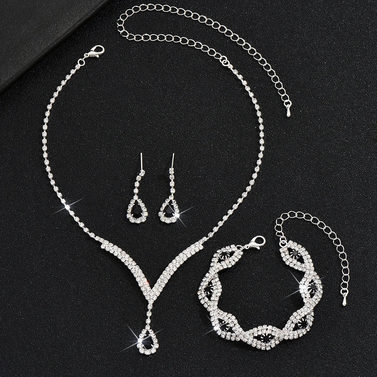Luxury Bridal Jewelry Set – 3-Piece Crystal Teardrop Earrings, V-Neck Necklace & Eye Bracelet (6625)