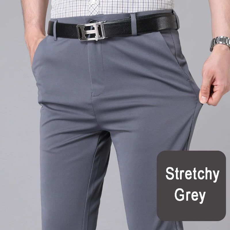 Men's Black Elastic Dress Pants – Straight Fit, Smart-Casual Office Trousers, Quick-Dry