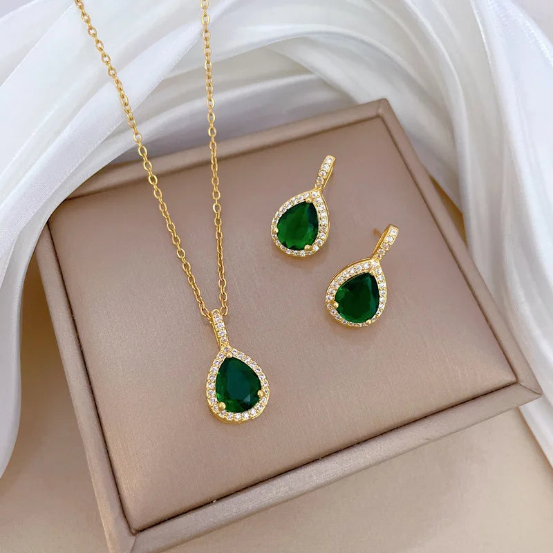 DIEYURO Jewelry Set – Stainless Steel Green Teardrop Zircon Necklace & Earrings