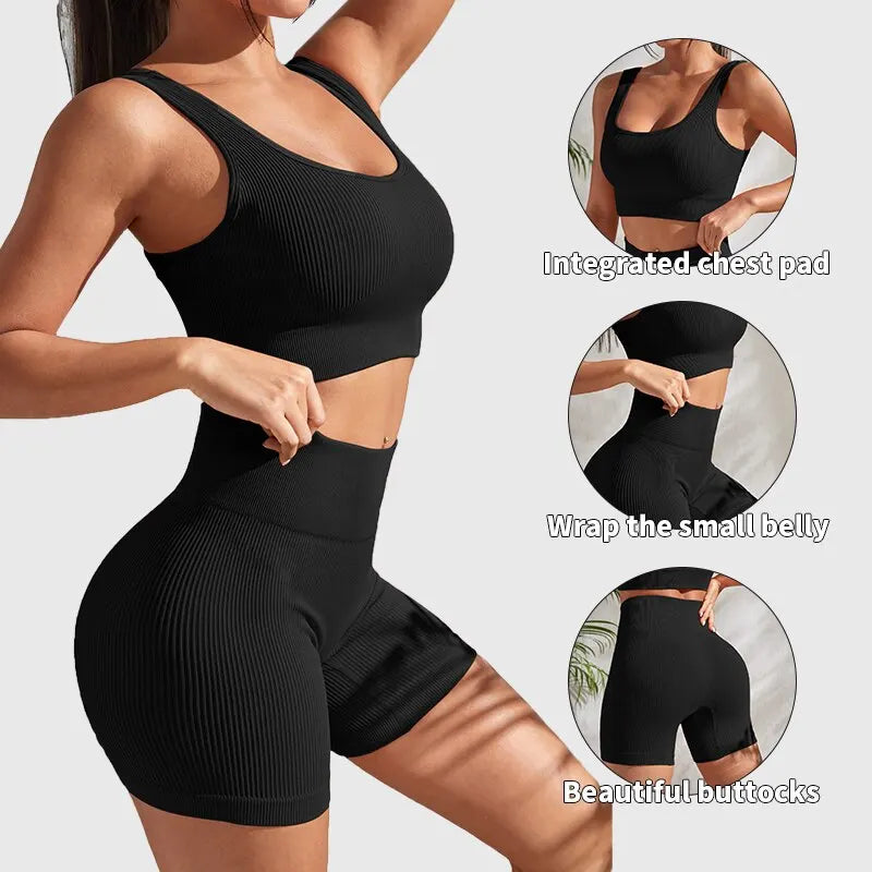 Seamless Ribbed Yoga Set – 2-Piece High-Waist Shorts & Tank for Women