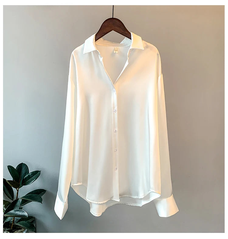 Women’s Satin Office Blouse – Long Sleeve, Korean Luxury Style